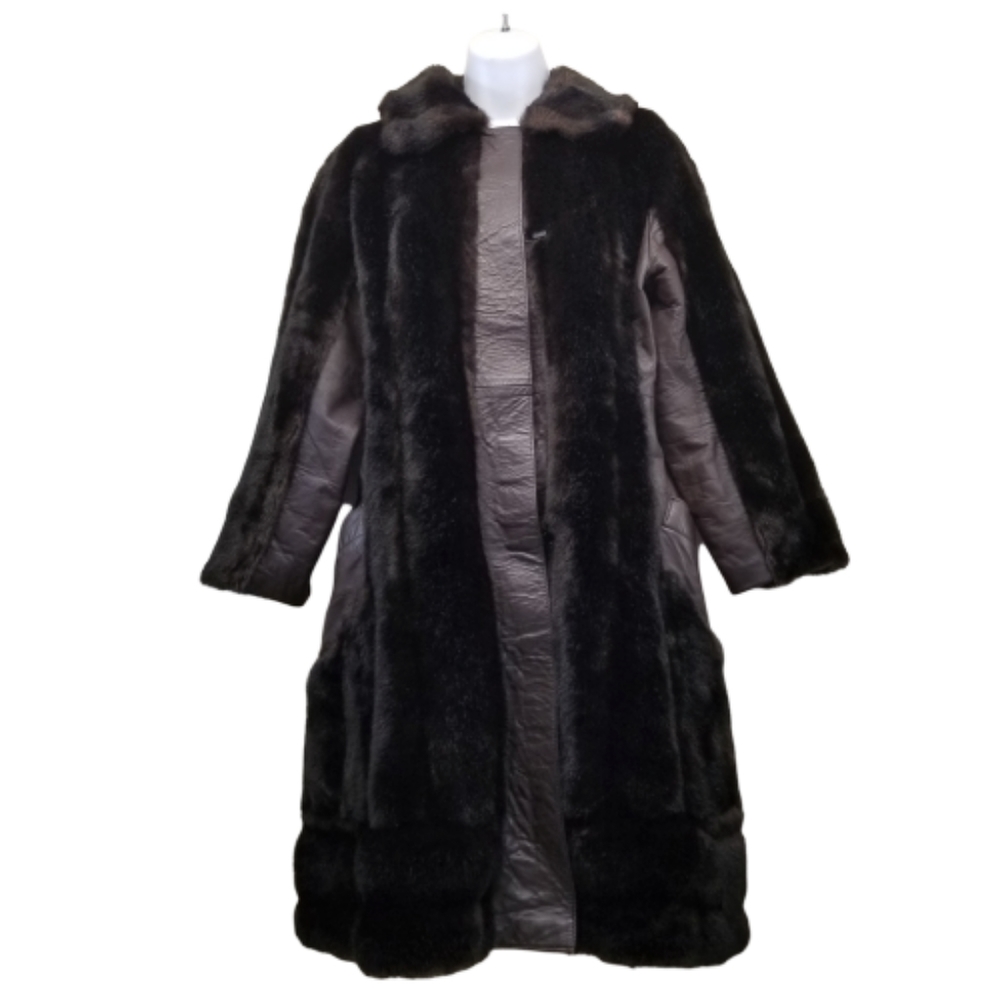 One‎ World Vintage Faux Fur Coat Leather M Trench